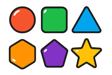 Six colorful basic geometric shapes: circle, square, triangle, star, hexagon, and pentagon