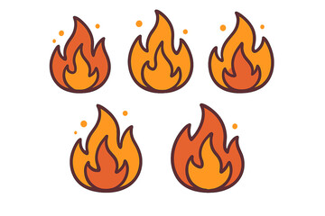 Collection of five stylized fire flame icons in warm orange and yellow colors