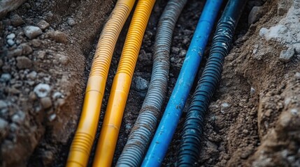 Close-up view of various colored electrical cables dug out from the ground- emphasizing construction and infrastructure.