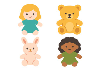 Cute collection of plush toys including diverse dolls, teddy bear, and bunny rabbit