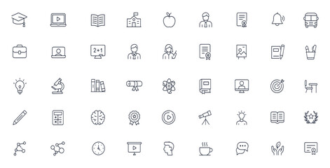 Education icon set, editable stroke vector illustration for school, e-learning, teacher, student, university, classroom, diploma, science, book, library, art, study, lesson, graduation, knowledge