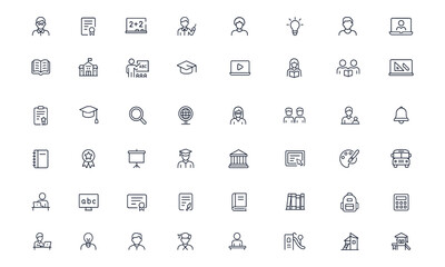 Teacher and education line icons set, editable vector illustration of school, classroom, learning, study, academic symbols, student training, teaching, knowledge, tutor, college, curriculum