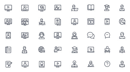 Online education icon set for e-learning, study, school, teacher, student, training, classroom, qualification, lecture, notebook, digital communication, video call, cyberspace, tablet, vector