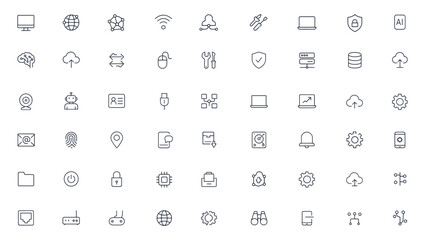 Information technology vector icons set, editable stroke illustration of network, internet, website, data connection, digital communication, IT system, cyber security, cloud computing