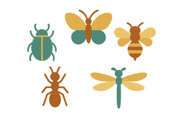 Collection of stylized insect icons featuring beetle, butterfly, bee, ant, and dragonfly
