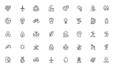 Ecology and environmental conservation icon set, including solar panel, wind energy, recycling, electric car, pollution, forest, green power, global warming, bulb, bike, and more ecofriendly vector