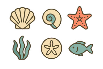 Set of cute stylized sea life icons including shell, starfish, and fish