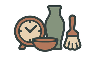 Set of stylized craft and design objects including clock vase bowl and paintbrush