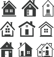 Black and white icons of various house styles with chimneys, windows, doors, and architectural features in grid layout