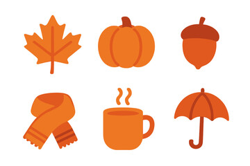 Collection of orange autumn icons featuring pumpkin, maple leaf, and hot beverage