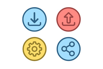 Four essential user interface symbols for download upload settings and sharing actions
