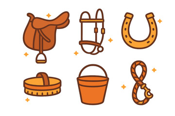 Set of equestrian stable equipment icons featuring saddle bridle horseshoe brush and rope