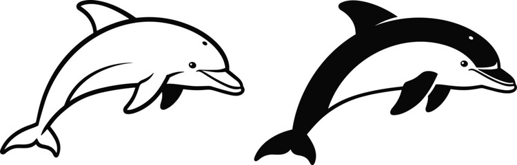 Obraz premium Jumping dolphin illustration, black and white dolphin vector, ocean animal design, marine life artwork, sea creature, playful aquatic mammal art
