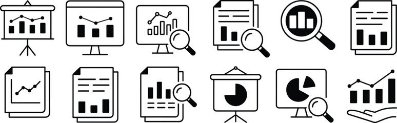 Black and white icons of data analysis, business reporting, charts, graphs, and documents for presentations and performance tracking