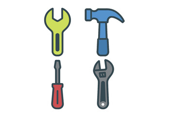 Four essential hand tools including hammer, screwdriver, and two types of wrenches