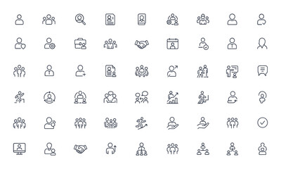 Human resource and personnel icon set for corporate business, employee management, recruitment, teamwork, career growth, training, communication, salary, and office development, hr vector