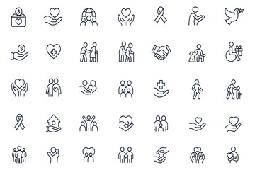 Fototapeta premium Charity and volunteer icon set with editable line symbols of donation, welfare, medical care, cooperation, support, kindness, heart, gift, handshake, people, help, and community service