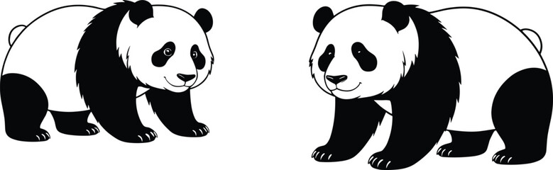 Two cute panda bears standing, black and white vector illustration, wildlife animal design for logo, cartoon art, and decoration