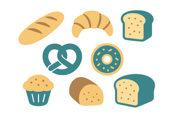 Set of stylized icons representing various popular baked goods and breakfast pastries