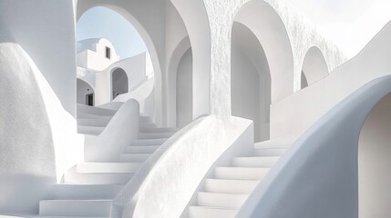 Minimalist white buildings with smooth curves and arches under bright sunlight on Santorini island- Greece- capturing iconic Cycladic architectural beauty.