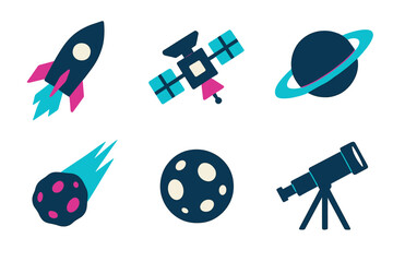 Stylized icons for space exploration and astronomy featuring rocket and celestial bodies
