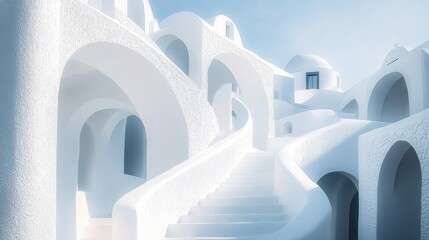 Minimalist white buildings with smooth curves and arches under bright sunlight on Santorini island- Greece- capturing iconic Cycladic architectural beauty.