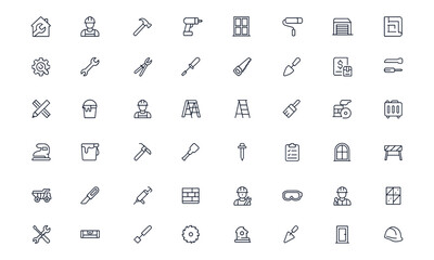 Renovation and repair icon set for home improvement, house restoration, DIY building, construction tools, carpenter equipment, hammer, drill, paint, window, garage, toolbox, budget, maintenance