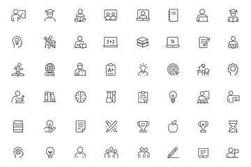 Study and education icon set, featuring students, classroom, books, notebooks, computer, writing, reading, training, graduation, learning tools, creativity, success, achievement, academic focus,