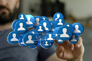 Social network concept with 3D avatars and connection lines. Illustrates teamwork, connectivity,...
