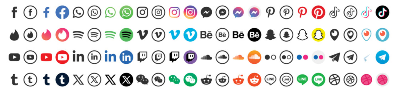 Social Media icons collection in color and outline style on transparent background. UKRAINE, KYIV, 6 OCTOBER, 2025