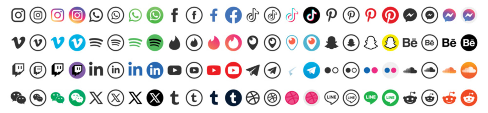 Round social media icons or social network logos flat vector icon set. Social media icons modern design on transparent background for your design