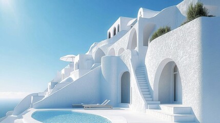 Minimalist white buildings with smooth curves and arches under bright sunlight on Santorini island- Greece- capturing iconic Cycladic architectural beauty.