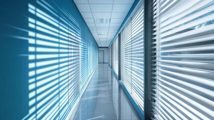 Bright modern office hallway with blue tones- polished floors- and zebra blinds filtering sunlight- creating a clean and professional workspace atmosphere.