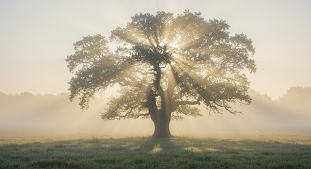 Majestic ancient oak tree bathed in golden sunbeams piercing through morning mist, creating a serene and awe inspiring landscape for peaceful contemplation and natural beauty.