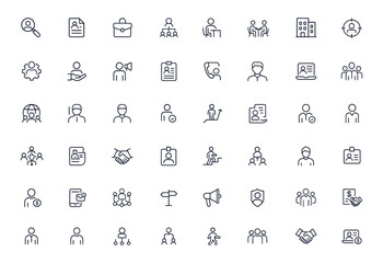 Recruitment and hiring icon set, editable vector for job interview, employment, business, corporate HR, career growth, manpower training, workplace team, handshake, and professional job search