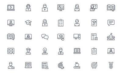 E-learning and online education icon set for study, remote training, digital classroom, computer tutorial, teacher, student, graduation, qualification, video course, chat, school, exam, webinar