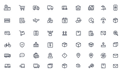 Shipping and delivery icon set with courier service, transport truck, logistics, shopping cart, barcode, parcel, package, warehouse, plane, calendar, smartphone, baggage, and more, vector illustration