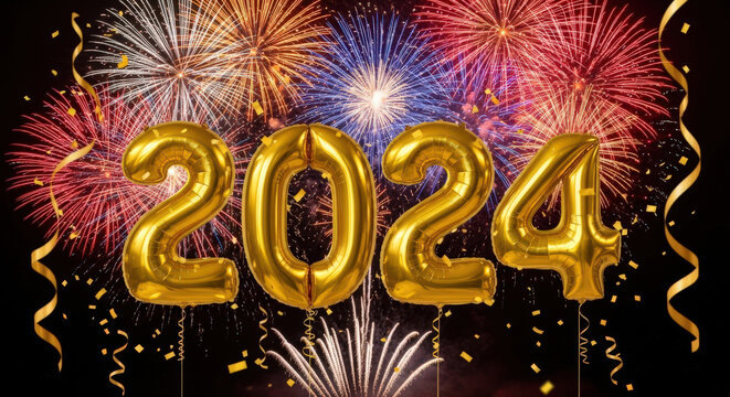 New Year 2024 Celebration Festive Golden Balloon Numbers Fireworks and Confetti Sparkling Holiday Event Decoration Backdrop - Powered by Adobe