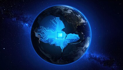 Electronic circuit design integrated into the planet Earth, with glowing blue digital processing components showcased across the globe, set against a starry night sky, emphasizing global data flow...