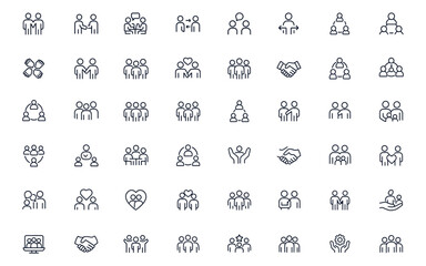 Community line icon collection, editable vector illustration featuring teamwork, communication, partnership, cooperation, meeting, relationship, handshake, group, family, unity, social connection