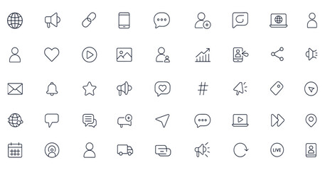 Digital marketing line icon set, editable vector symbols for social media, communication, smartphone, network, and online business apps, including followers, messages, and advertisements