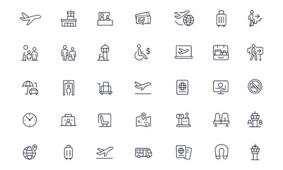 Airport travel vector icon set, airplane, ticket, boarding, passport, baggage, aerodrome, taxi, control tower, family vacation, flight journey, terminal, tourism, transportation, destination, holiday 