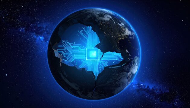 Electronic circuit design integrated into the planet Earth, with glowing blue digital processing components showcased across the globe, set against a starry night sky, emphasizing global data flow...