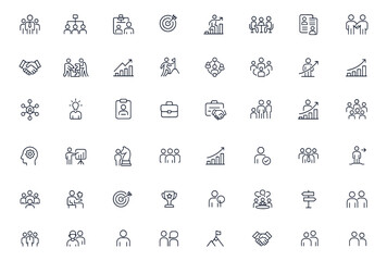 Leadership and business icon set for management, teamwork, corporate success, marketing, meeting, cooperation, handshake, growth, strategy, network, achievement, partnership