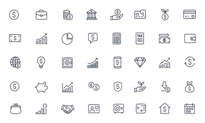 Finance and business icon set, including money, banking, investment, savings, credit card, currency, trade, tax, cash, consultation, chart, exchange, purse, piggybank, and more, vector illustration