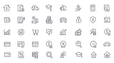 Finance and loan vector icons set, clean editable line set for mortgage, housing, car, and education themes, perfect for banking, payment, credit, investment, business, cashflow, and budget