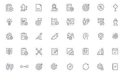 Action plan and business strategy editable stroke icon set, featuring task scheduling, goal setting, project planning, and productivity workflow vector illustration for management and teamwork