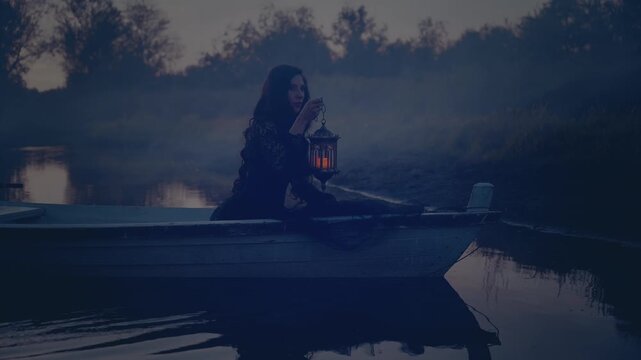 video real person fantasy gothic woman floating in boat down river night nature, hand holding lantern with warm light. Mystery girl in ship along lake in fog dark forest trees lightning. Black dress.