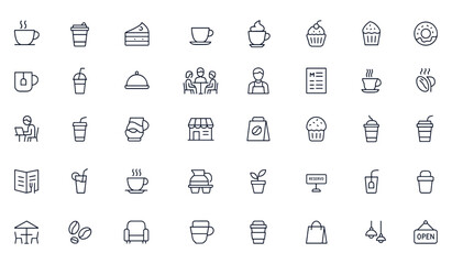 Cafe line icon set with editable coffee, tea, espresso, cappuccino, cake, donut, cupcake, drink, mug, and bakery symbols for restaurant, eatery, business, menu, staff, meeting, study, breakfast