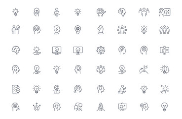Idea and inspiration icon collection for creative planning, teamwork, business strategy, innovation, concept creation, brainstorming, invention, and presentation vector illustration, productivity